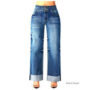 Stretchy High Waisted Wide Leg Jeans Cuffed Baggy Denim Pants